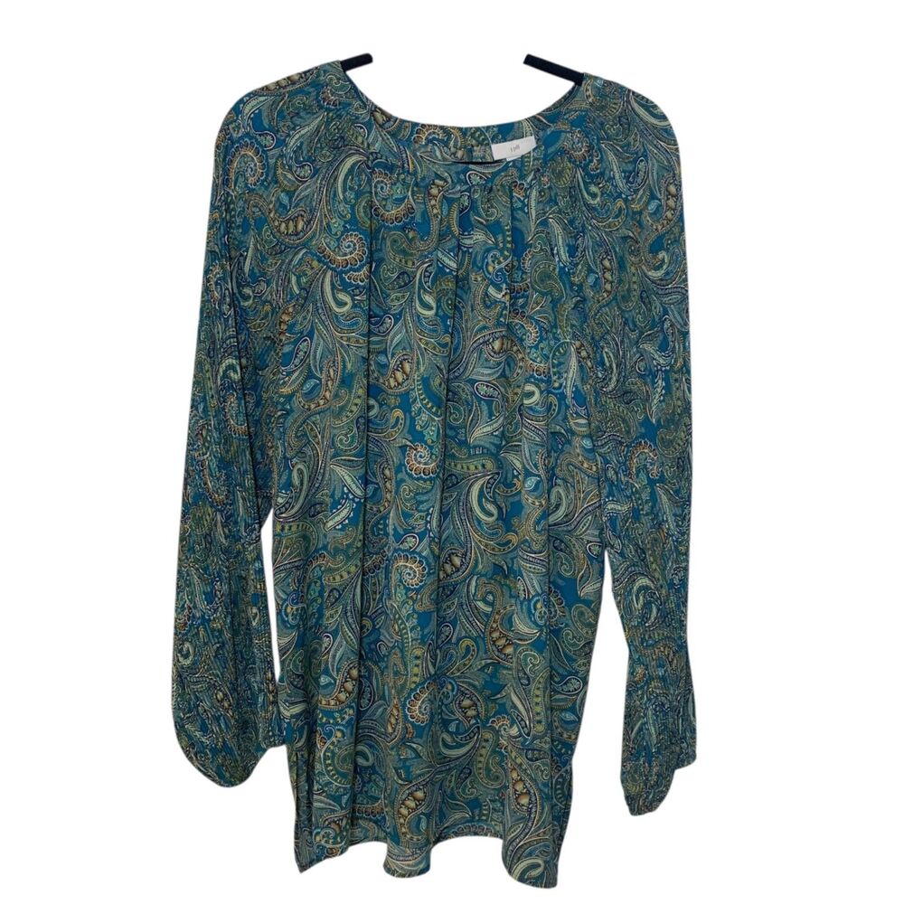 J Jill Womens Blue Green Paisley Pleated Sleeve Boho Tunic Top LT Office Party